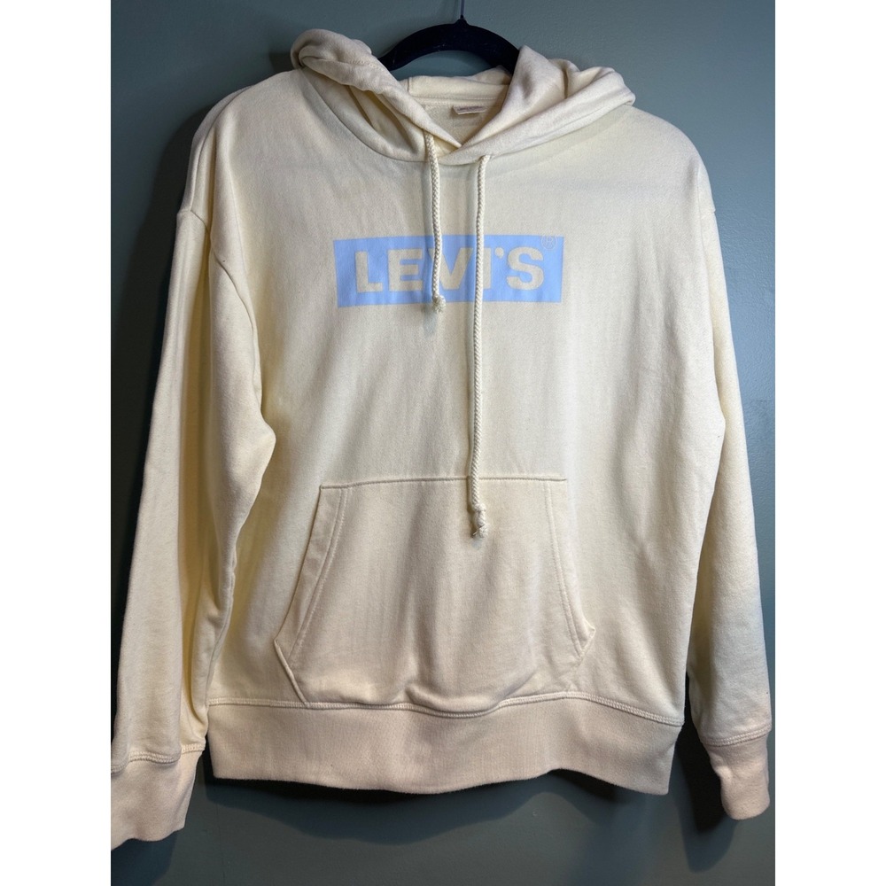 Levi's Women's S Y2K Cream Hoodie Sweatshirt Blue Logo Cotton Blend Pullover